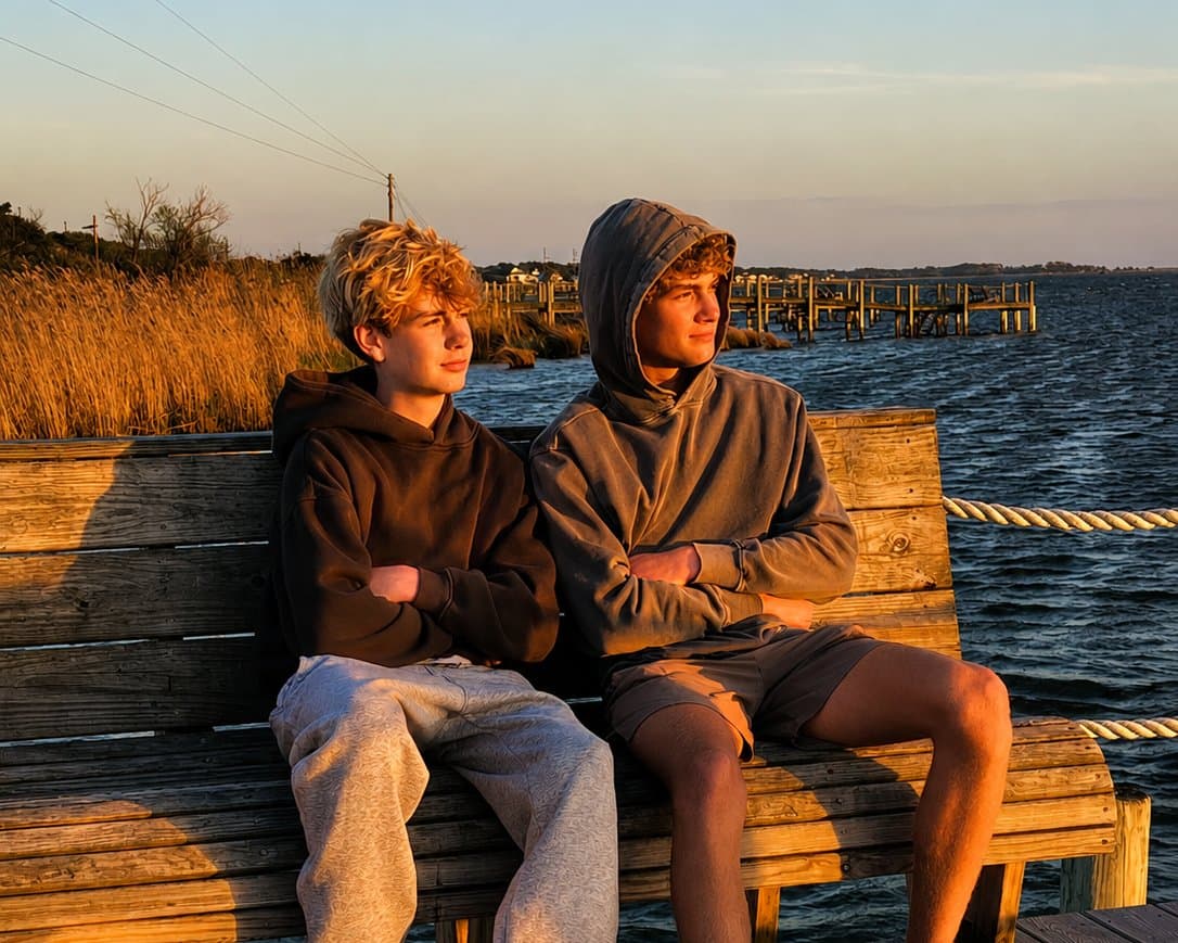 Brady and Parker on a dock at sunset